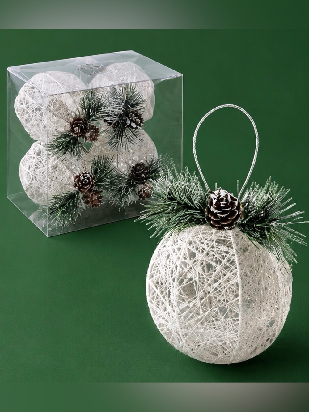 White Pinecone String Ball Holiday Ornament -
4 New In Box  ❤️🎄💚